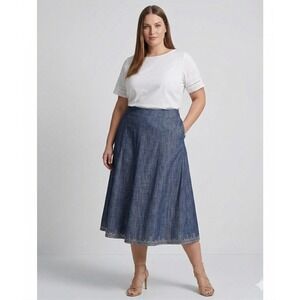 Chancelle Womens Size 16 Blue Denim Look Embroidered Hem Midi A-Line Skirt
